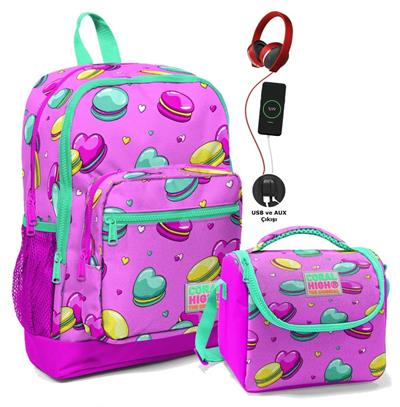 Coral High Okul Çantası ve Beslenme Çantası Seti - Pembe Makaron - USB Soketli - Kız Çocuk