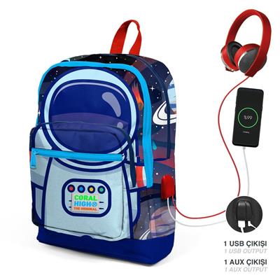Coral High Okul Çantası ve Termal Beslenme Çanta Seti - Erkek Çocuk Mavi Astronot USB ve AUX Çıkışlı