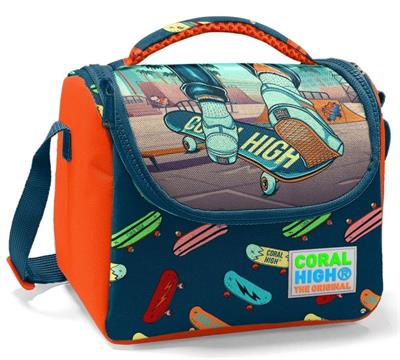 Coral High Okul Çantası ve Termal Beslenme Çanta Seti - Erkek Çocuk Çivit Turuncu Kaykay USB ve AUX Çıkışlı