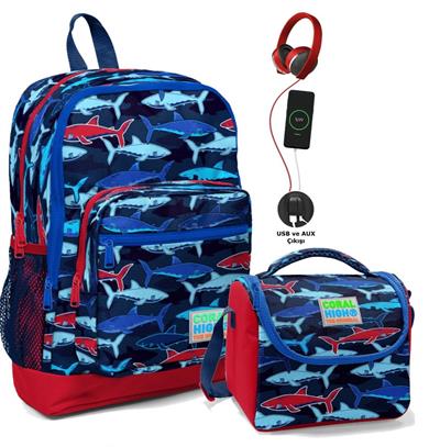Coral High Okul Çantası ve Termal Beslenme Çanta Seti - Erkek Çocuk Mavi Köpekbalığı USB ve AUX Çıkışlı