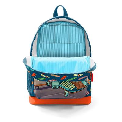 Coral High Okul Çantası ve Termal Beslenme Çanta Seti - Erkek Çocuk Çivit Turuncu Kaykay USB ve AUX Çıkışlı