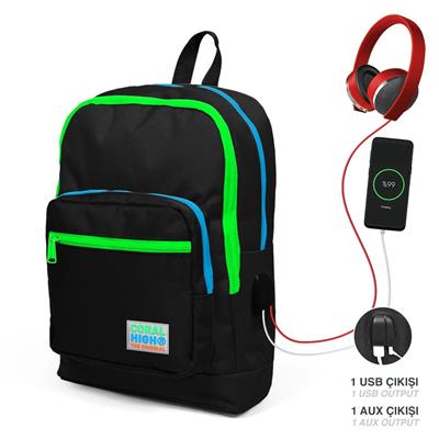 Coral High Okul Çantası ve Termal Beslenme Çanta Seti - Erkek Çocuk Siyah Yeşil USB ve AUX Çıkışlı