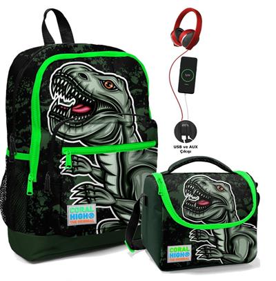 Coral High Okul Çantası ve Termal Beslenme Çanta Seti - Erkek Çocuk Yeşil Dinazor USB ve AUX Çıkışlı
