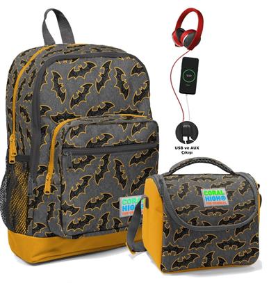 Coral High Okul Çantası ve Termal Beslenme Çanta Seti - Gri Hardal Yarasa USB ve AUX Çıkışlı - Erkek Çocuk