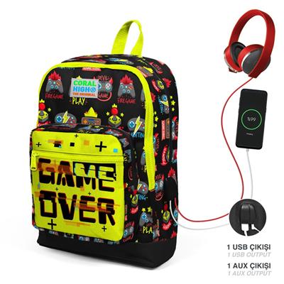 Coral High Okul Çantası ve Termal Beslenme Çanta Seti - Kız Çocuk Game Over USB ve AUX Çıkışlı