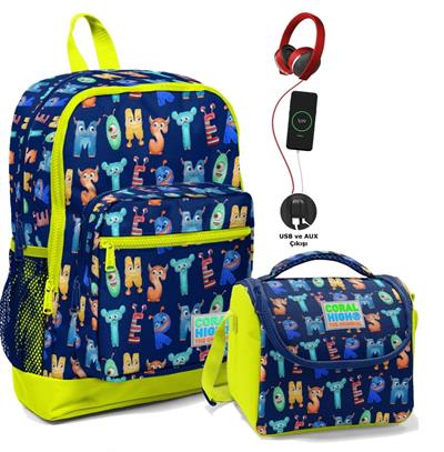 Coral High Okul Çantası ve Termal Beslenme Çanta Seti - Erkek Çocuk Sevimli Harfler USB ve AUX Çıkışlı