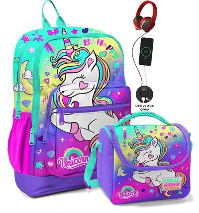 Coral High Okul Çantası ve Termal Beslenme Çanta Seti - Kız Çocuk Lavanta Unicorn USB ve AUX Çıkışlı
