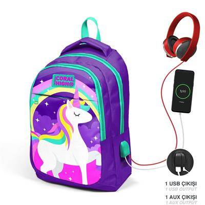 Coral High Okul Sırt Çantası ve Beslenme Çantası Seti - Mor Unicorn - USB Soketli - Kız Çocuk