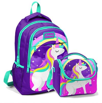Coral High Okul Sırt Çantası ve Beslenme Çantası Seti - Mor Unicorn