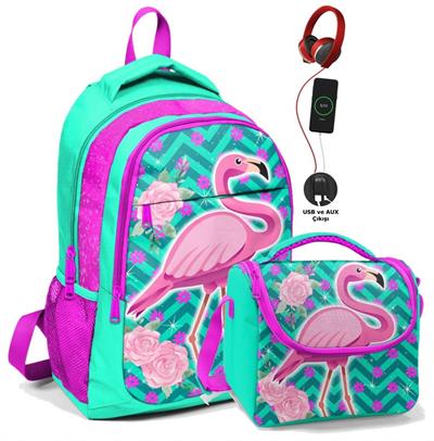 Coral High Okul Sırt Çantası ve Beslenme Çantası Seti - Pembe Flamingo - USB Soketli - Kız Çocuk