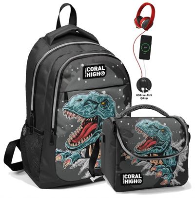 Coral High Okul Sırt Çantası ve Beslenme Çantası Seti - Siyah Dinazor - USB Soketli - Erkek Çocuk