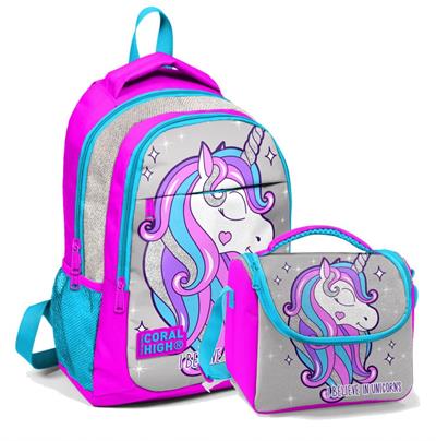 Coral High Okul Sırt Çantası ve Beslenme Çantası Gri Unicorn - Kız Çocuk