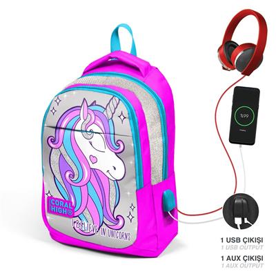 Coral High Okul Sırt Çantası ve Beslenme Çantası Seti - Pembe Unicorn - USB Soketli - Kız Çocuk