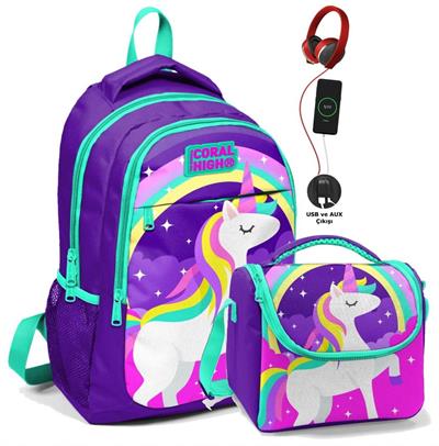 Coral High Okul Sırt Çantası ve Beslenme Çantası Seti - Mor Unicorn - USB Soketli - Kız Çocuk