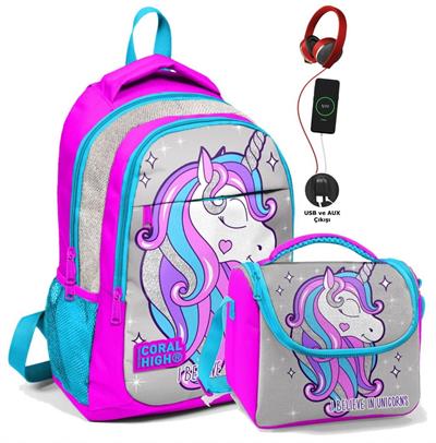 Coral High Okul Sırt Çantası ve Beslenme Çantası Seti - Pembe Unicorn - USB Soketli - Kız Çocuk