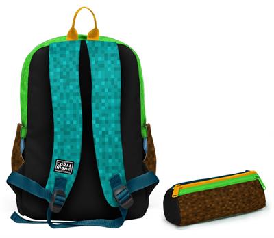 Coral High Okul Sırt Çantası ve Kalemlik Seti - Siyah Yeşil Kahverengi Craft Desenli Erkek Çocuk SETYGN33216C