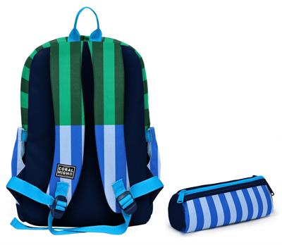 Coral High Okul Sırt Çantası ve Kalemlik Seti - Mavi Yeşil Çizgi Desenli Erkek Çocuk SETYGN33211C