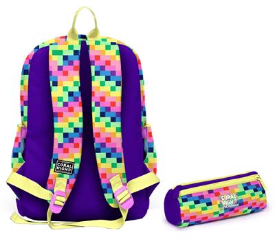 Coral High Okul Sırt Çantası ve Kalemlik Seti - Mor Piksel Kalp Desenli Kız Çocuk SETYGN33208C