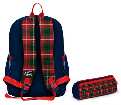 Coral High Okul Sırt Çantası ve Kalemlik Seti - Lacivert Kırmızı Ekosa Desenli Kız Çocuk SETYGN33207C