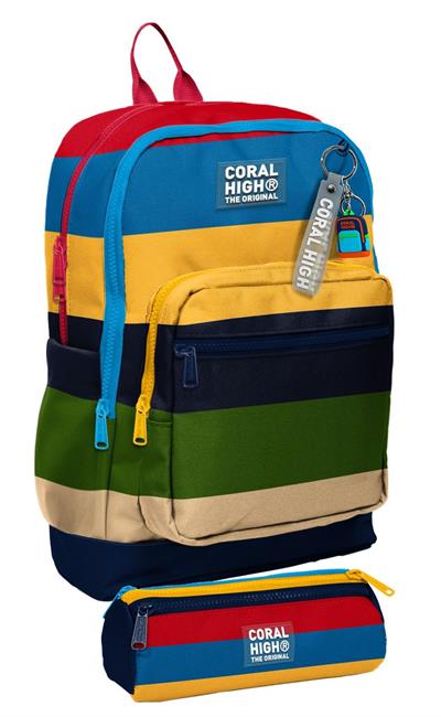 Coral High Okul Sırt Çantası ve Kalemlik Seti - Çok Renkli Çizgi Desenli Erkek Çocuk SETYGN33212C