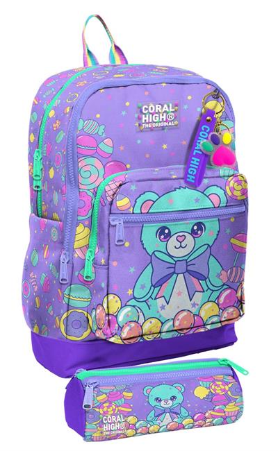 Coral High Okul Sırt Çantası ve Kalemlik Seti - Mor Yeşil Ayıcık Desenli Kız Çocuk SETYGN33205C