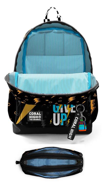 Coral High Okul Sırt Çantası ve Kalemlik Seti - Siyah Sarı Never Give Up Baskılı Erkek Çocuk SETYGN33220C