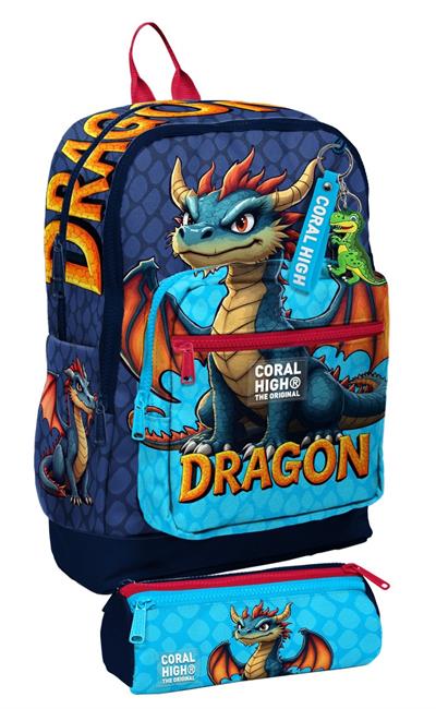 Coral High Okul Sırt Çantası ve Kalemlik Seti - Mavi Sarı Dragon Desenli Erkek Çocuk SETYGN33213C