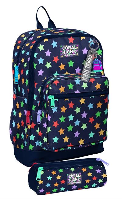 Coral High Okul Sırt Çantası ve Kalemlik Seti - Lacivert Yıldız Desenli Kız Çocuk SETYGN33209C
