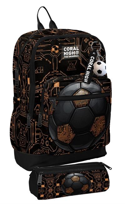 Coral High Okul Sırt Çantası ve Kalemlik Seti - Siyah Kahverengi Futbol Topu Baskılı Erkek Çocuk SETYGN33217C