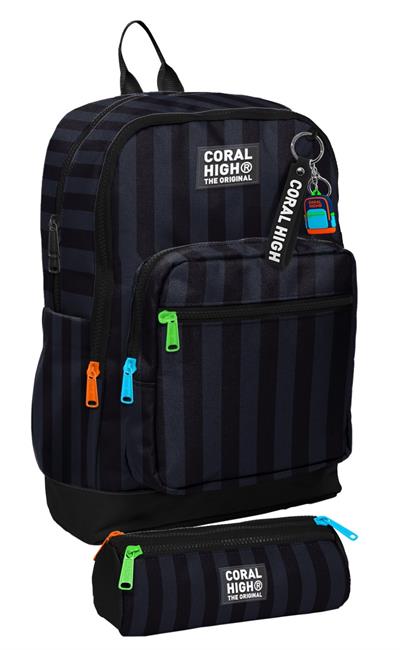 Coral High Okul Sırt Çantası ve Kalemlik Seti - Siyah Gri Çizgi Desenli Erkek Çocuk SETYGN33218C