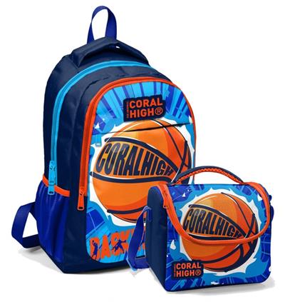 Coral High Okul Sırt ve Beslenme Çantası Seti Lacivert Turuncu Basketbol - Erkek Çocuk