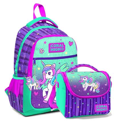 Coral High Okul Sırt ve Beslenme Çantası Seti - Kız Çocuk Yeşil Mor Pegasus