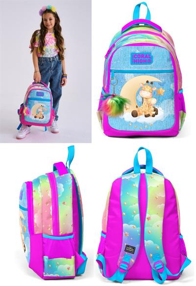 Coral High Okul Sırt ve Beslenme Çantası Seti - Pembe Mavi Zürafa - Kız Çocuk