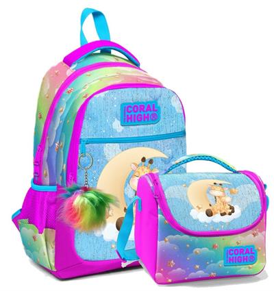 Coral High Okul Sırt ve Beslenme Çantası Seti - Pembe Mavi Zürafa - Kız Çocuk