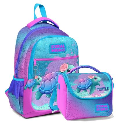 Coral High Okul Sırt ve Beslenme Çantası Seti - Pembe Mavi Kaplumbağa - Kız Çocuk