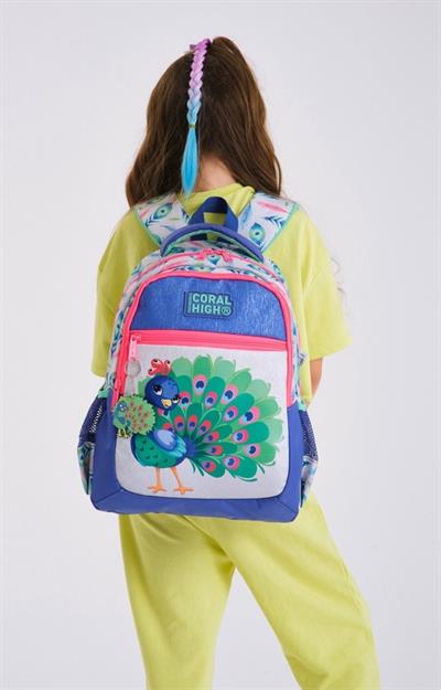Coral High Okul Sırt ve Beslenme Çantası Seti - Mavi Yeşil Tavuskuşu - Kız Çocuk