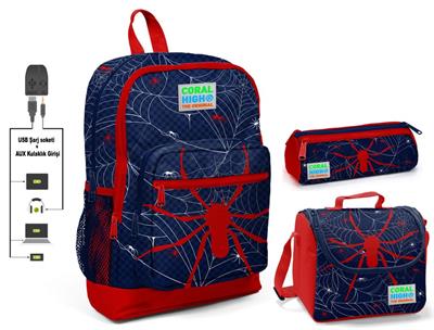 Coral High Örümcek Baskılı Erkek Çocuk İlkokul Çanta Seti - USB Çıkışlı