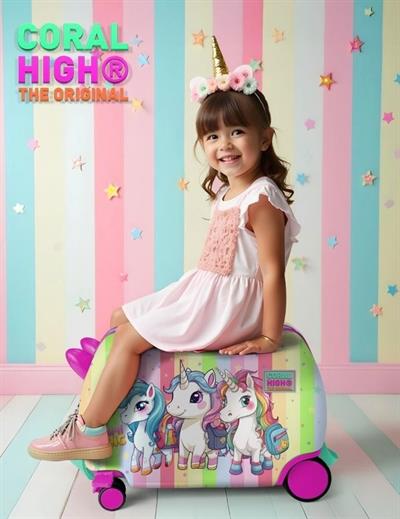 Coral High Otur-Çek Kız Tekerlekli Çocuk Seyahat Valizi - Beyaz Mor - Mor İnek - 16359