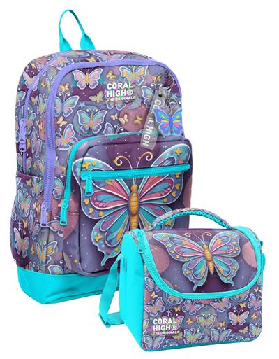 Coral High Pastel Renkli Kelebek Desenli Kız Çocuk Sırt Çantası ve Beslenme Çantası Seti (4 Gözlü Sırt Çantası)