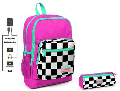 Coral High Pembe Damalı İlkokul Sırt Çantası ve Kalemlik Seti - USB Soketli - Kız Çocuk