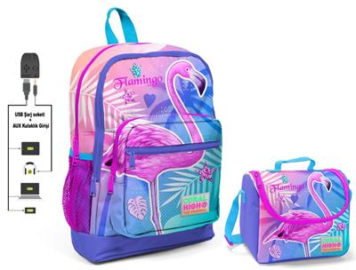 Coral High Pembe Flamingo Baskılı Okul Çantası ve Beslenme Çantası Seti - USB Soketli