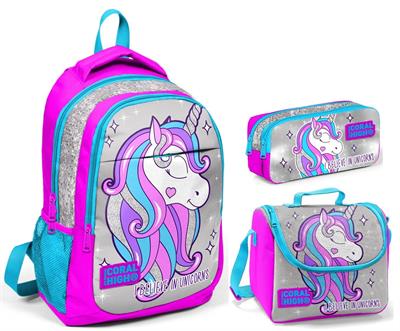 Coral High Pembe Gri Unicorn Kız Çocuk İlkokul Çanta Seti - Sırt Çantası+Beslenme+Kalemlik