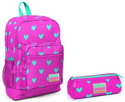 Coral High Pembe Kalp Desenli Okul Sırt Çantası ve Kalemlik Seti - Kız