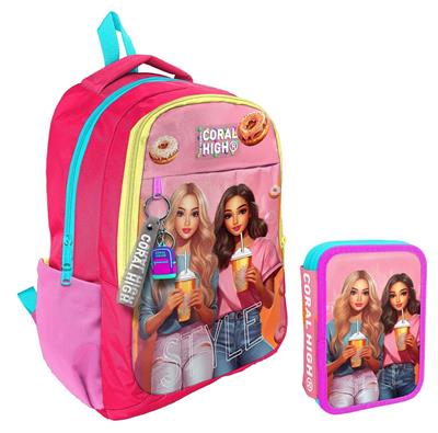 Coral High Pembe Kırmızı Fashion Girl Kız Çocuk Okul Çantası ve Organizer Kalemlik Seti 23669+11141