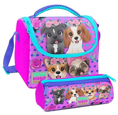 Coral High Pembe Köpek Desenli Kız Çocuk Isı Yalıtımlı Beslenme Çantası ve Kalemlik Seti