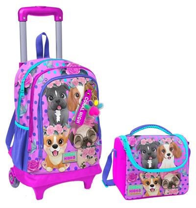 Coral High Pembe Köpek Işıklı Tekerlekli Okul Çantası ve Beslenme Seti - Kız Çocuk