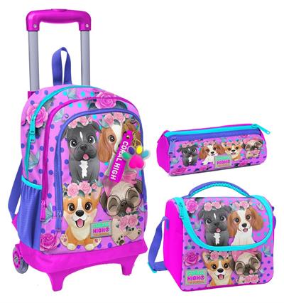 Coral High Pembe Köpek Üçlü Çekçek Işıklı Tekerlekli Çanta Seti - Kız Çocuk