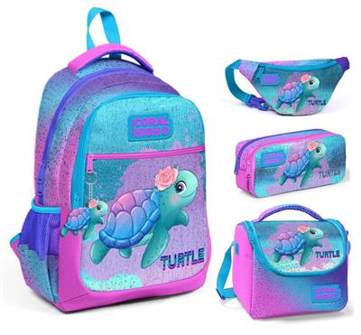 Coral High Pembe Mavi Kaplumbağa Üçlü Okul Çantası ve Bel Çantası Seti - Kız Çocuk