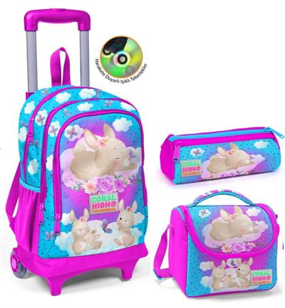 Coral High Pembe Mavi Tavşan Çekçek Okul Çantası Seti - Işıklı Tekerlekler - Kız