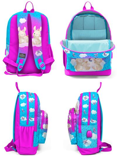 Coral High Pembe Mavi Tavşan USB Soketli Okul Çantası ve Kalemlik Seti - Kız Çocuk
